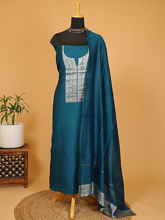 Deep Teal Chiniya Silk Silver Banarasi Woven Suit Set