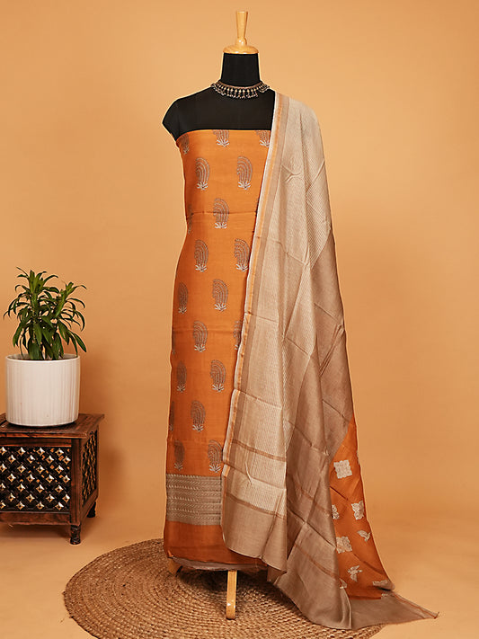 Mustard Orange Printed Maheshwari Silk Suit Set with Beige Dupatta