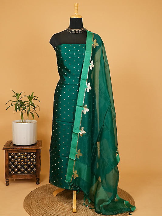 Deep Emerald Green Pure Katan Silk Banarasi Booti Suit Set