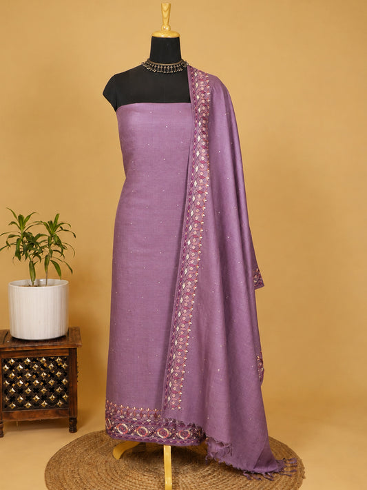 Dusty Lavender Pure Tussar Silk Suit Set with Multicolour Aari Work