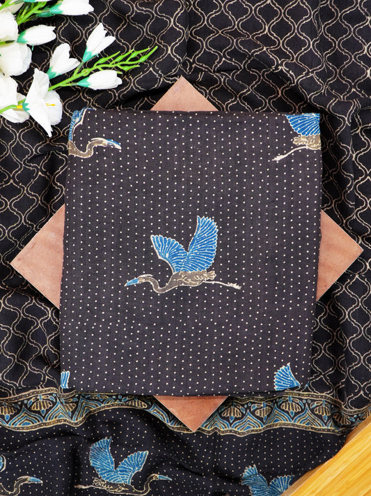 Navy Blue Ajrakh Dyed Handloom Linen Suit With Printed Birds