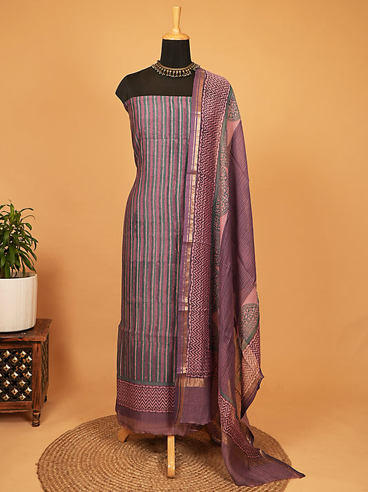 Dusky Mauve & Teal Striped Mul Chanderi Suit Set