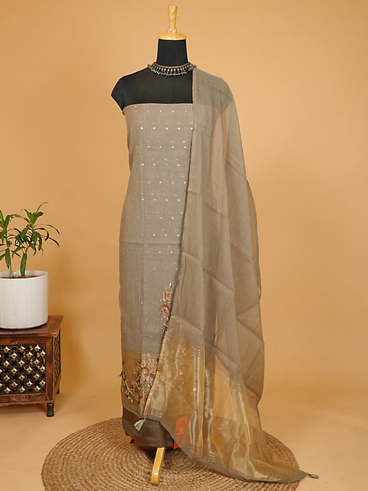 Elegant Dove Grey Chanderi Silk Embroidered Suit Set with Tissue Hem