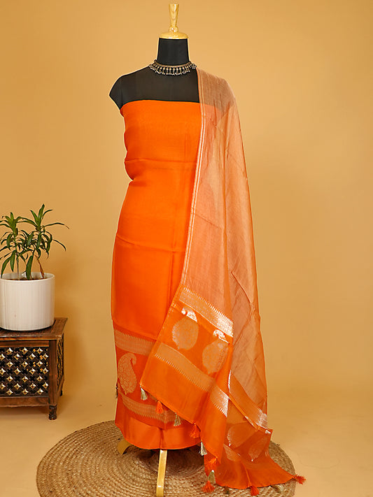 Orange Pure Kora Silk Banarasi Suit Set