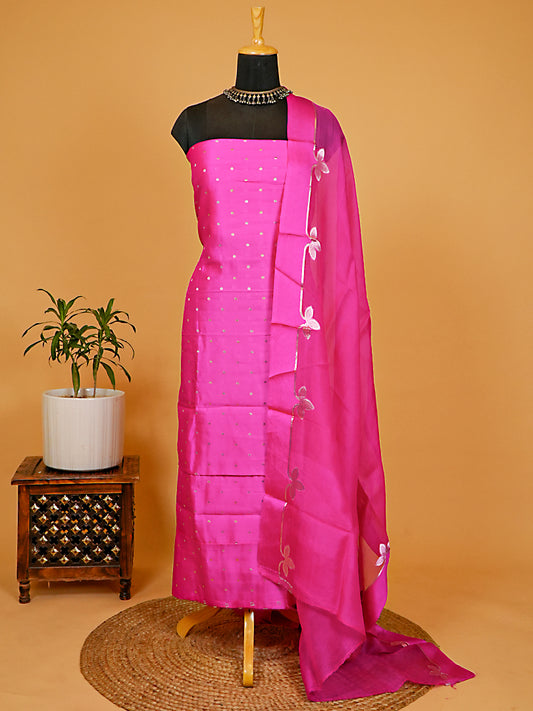 Vibrant Rani Pink Pure Katan Silk Banarasi Booti Suit Set