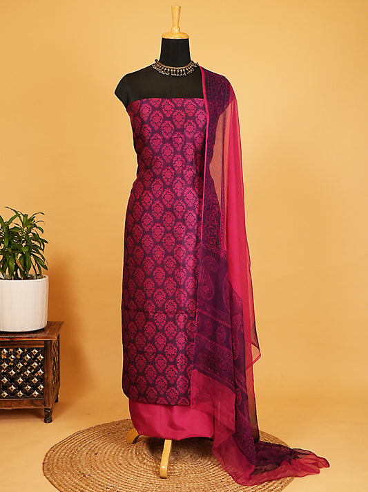 Deep Plum & Magenta Printed Dupion Silk Suit Set