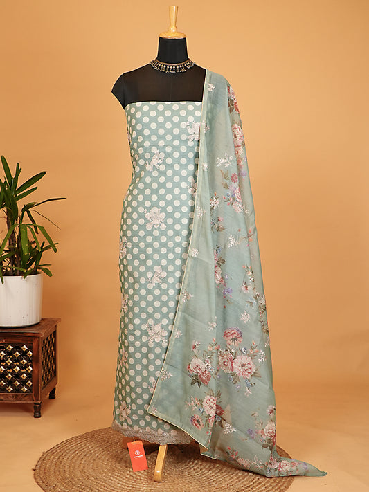 Blue Mul Cotton Chanderi Polka Design Suit Set