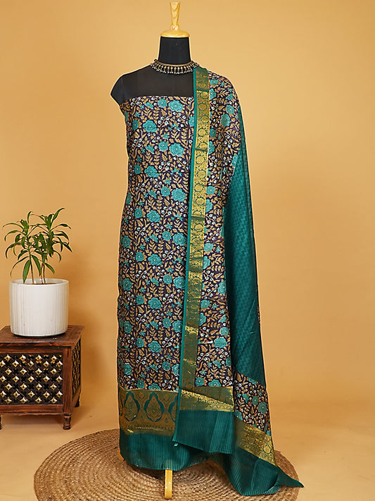 Navy Blue Floral Printed Maheshwari Silk Suit Set