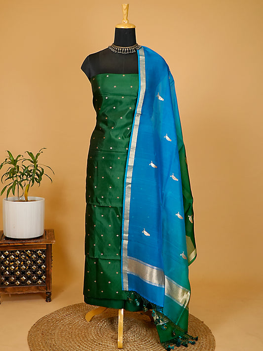 Emerald Green Pure Katan Silk Banarasi Suit Set with Shaded Kora Silk Bird Motif Dupatta
