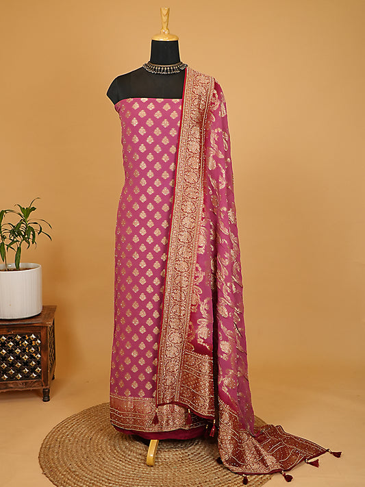 Mauve Pink & Deep Red Pure Khaddi Georgette Banarasi Suit Set
