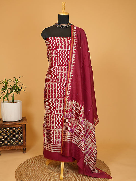 Deep Red Maheshwari Silk Printed Suit Set