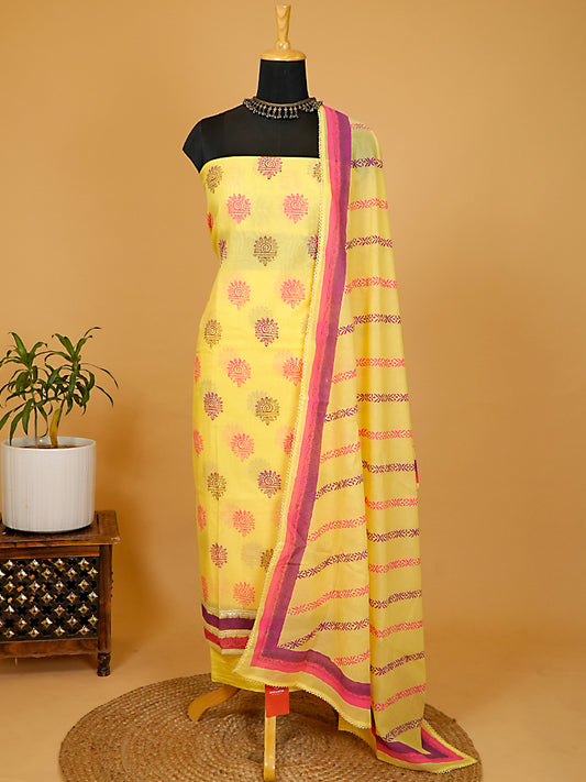 Sunshine Yellow Chanderi Silk Block Printed Suit Set with Gota Patti Highlights