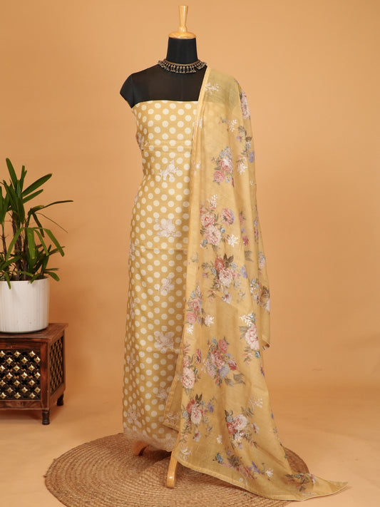 Light Yellow Mul Cotton Chanderi Polka Design Suit Set