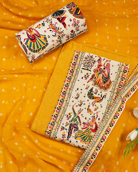 Artistic Print Yellow Chanderi Silk Suit Set