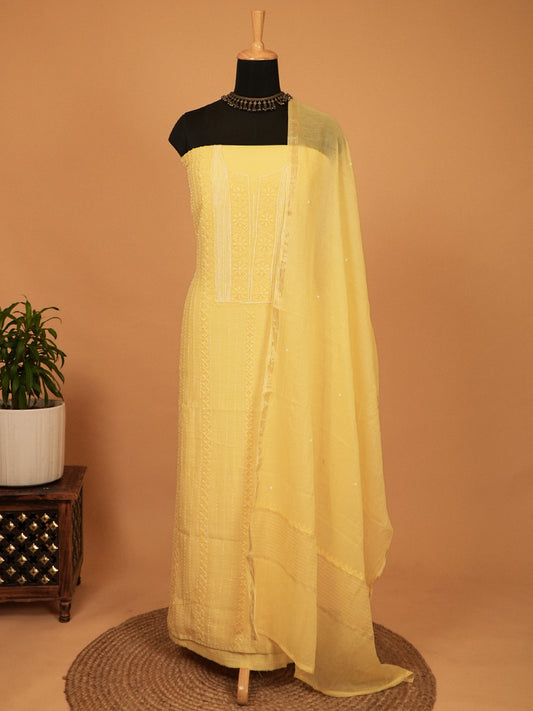 Pastel Yellow Mul Chanderi Lakhnavi Suit Set with Pearl & Thread Work