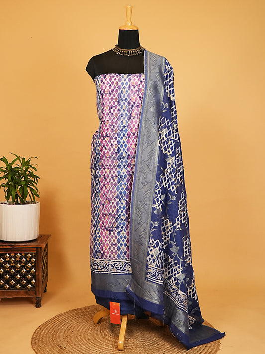 Deep Blue & Lavender Printed Pure Linen Silk Suit with Silver Zari