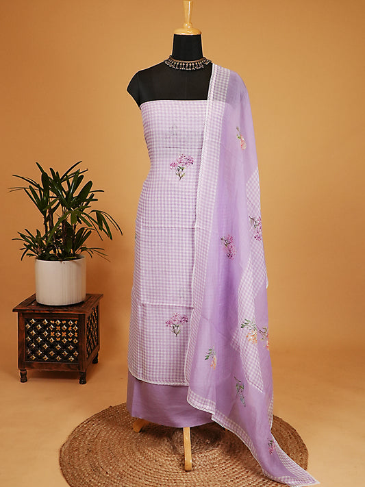Lavender Gingham Mul Chanderi Floral Suit Set