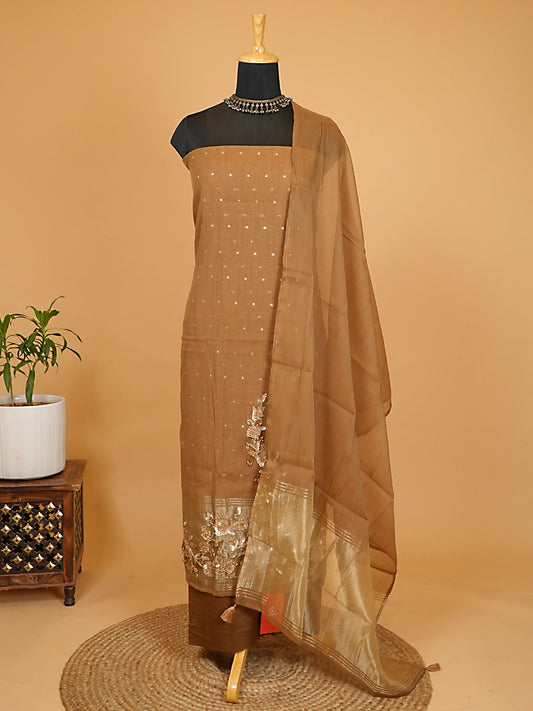 Light Brown Chanderi Silk Embroidered Suit Set with Tissue Hem