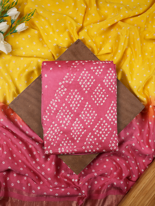 Yellow & Pink Bandhej Chanderi Silk Suit Set