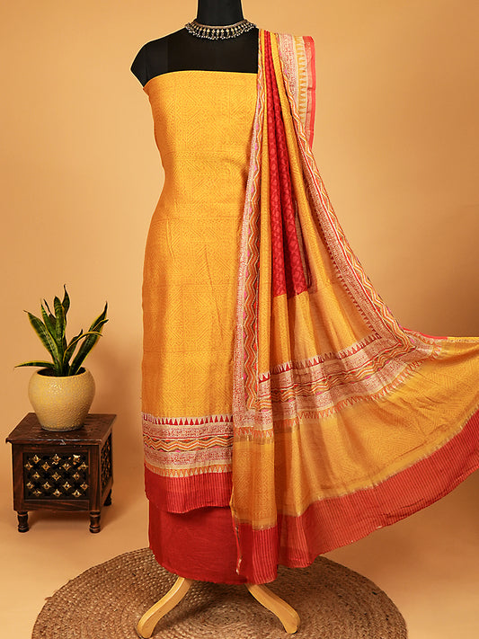 Mustard Maheshwari Silk Suit Set With Kantha Detailing