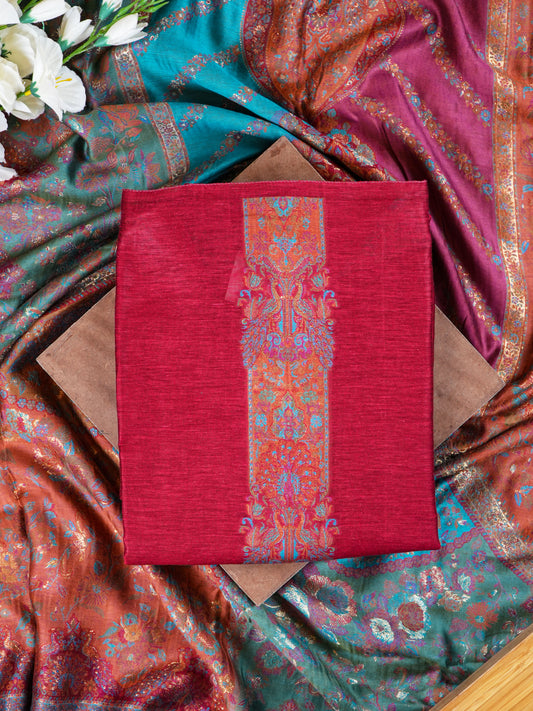 Red Mulberry Silk Suit Set With Jamawar Handweaving