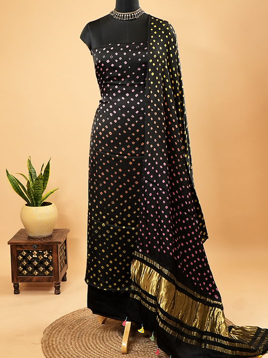 Black Multicolor Bandhej Modal Silk Suit Set