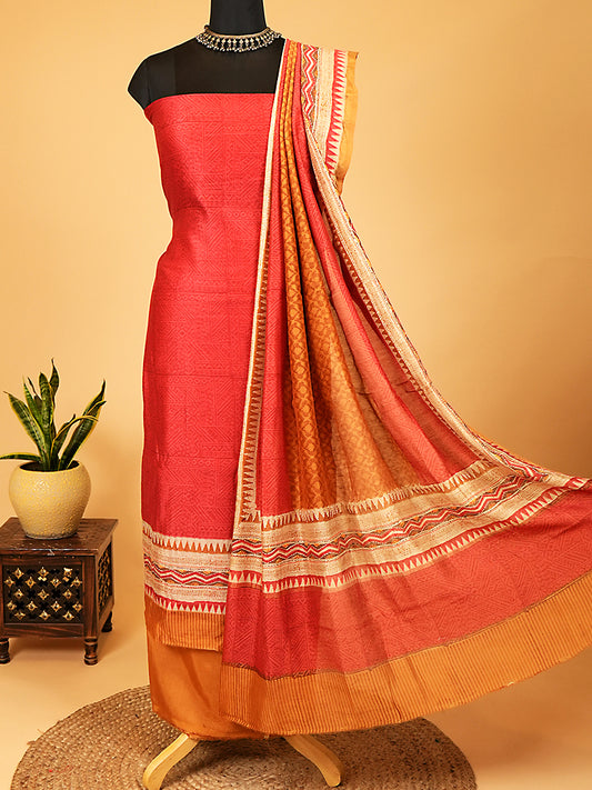 Red Maheshwari Silk Suit Set With Kantha Detailing
