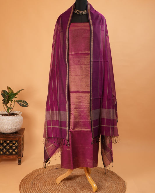 Dark Magenta Maheshwari Silk Four Peddle Weave Suit Set