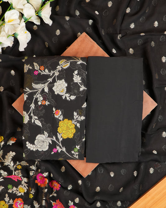 Black Multicolour Georgette Khaddi Silk Suit Set