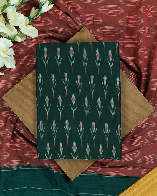 Bottle Green & Maroon Double Ikat Cotton Woven Suit Set