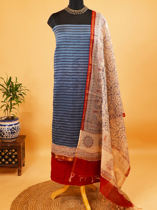 Blue Striped Maheshwari Silk Suit Set