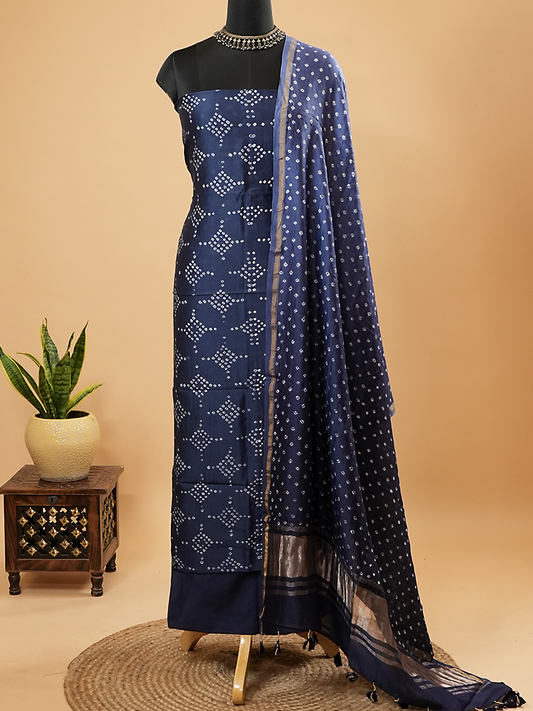 Navy Blue Bandhej Chanderi Silk Suit Set