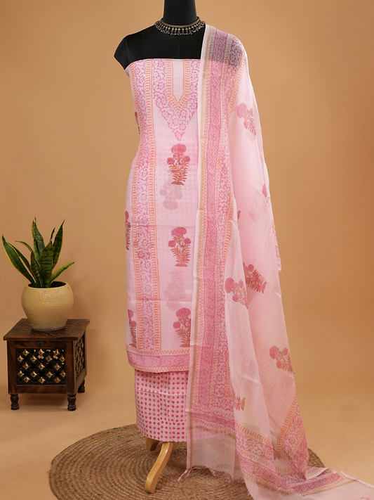 Blush Pink Mul Chanderi Block Print Suit Set
