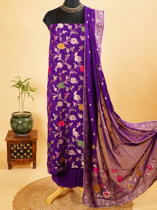 Purple Multicolour Georgette Khaddi Silk Suit Set