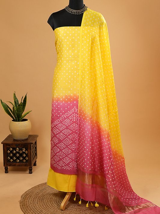 Yellow & Pink Bandhej Chanderi Silk Suit Set