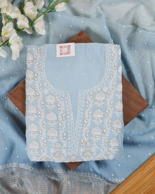 Sky Blue Mul Chanderi Lucknowi Handwork Suit Set