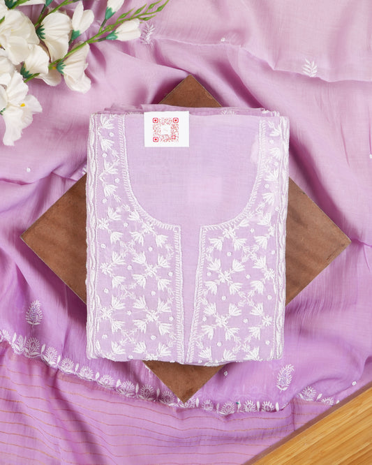 Light Purple Mul Chanderi Lucknowi Handwork Suit Set