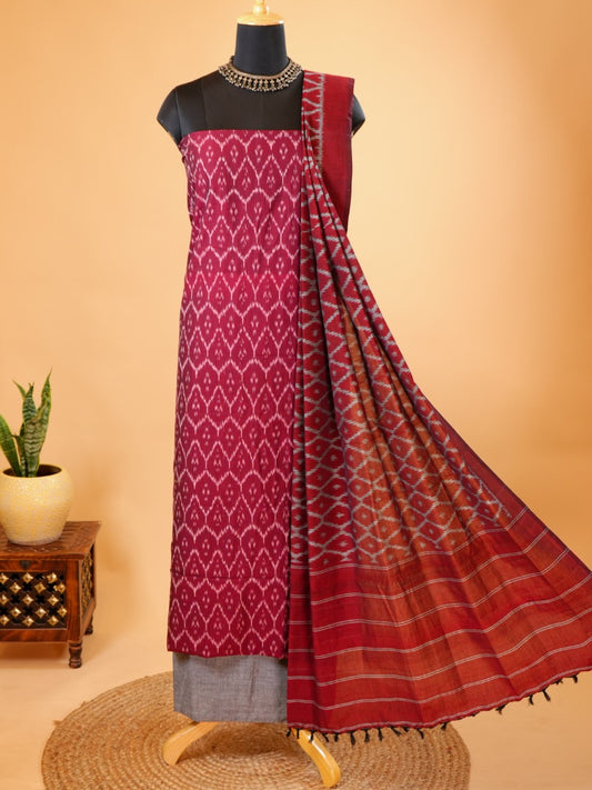 Maroon Handwoven Cotton Ikat Suit with Earthy Dupatta