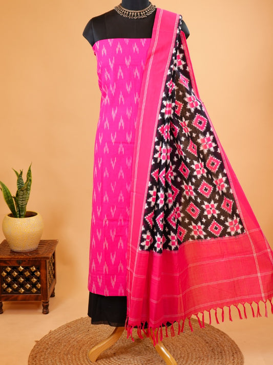 Hot Pink Ikat Cotton Suit with Bold Black Contrast Dupatta