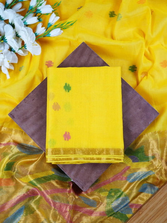 Sunshine Yellow Muslin Jamdani Suit with Paithani Dupatta