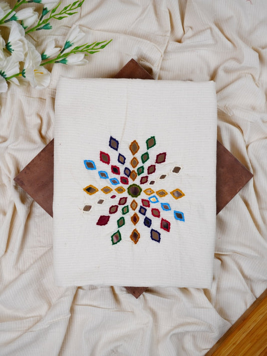 White Handloom Co-ord with Kantha & Mirror Work