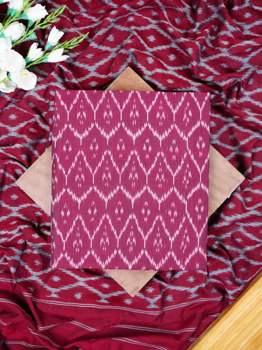 Maroon Handwoven Cotton Ikat Suit with Earthy Dupatta