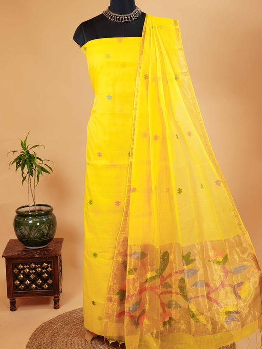 Sunshine Yellow Muslin Jamdani Suit with Paithani Dupatta
