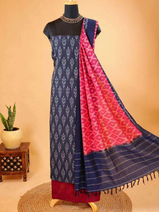 Navy Blue Cotton Ikat Suit with Pink-Red Contrast Dupatta