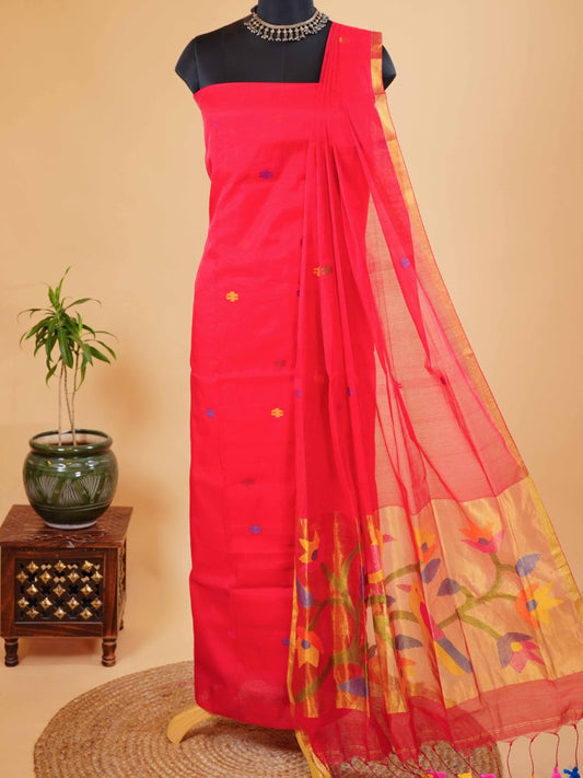 Crimson Red Muslin Jamdani Suit with Paithani Dupatta