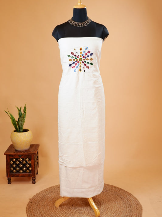 White Handloom Co-ord with Kantha & Mirror Work