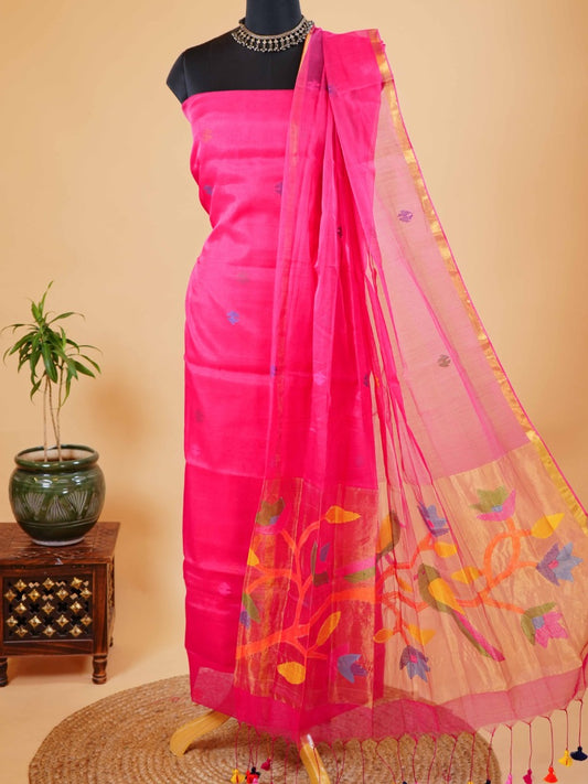 Dark Pink Muslin Jamdani Suit with Paithani Dupatta