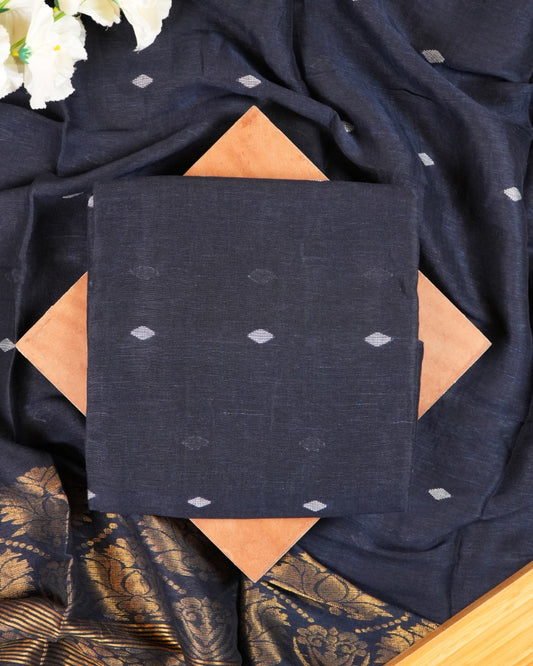 Jamdani Navy Blue Khadi Linen Banarasi Handwoven Suit Set