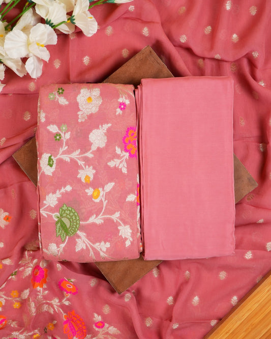 Light Pink Multicolour Georgette Khaddi Silk Suit Set